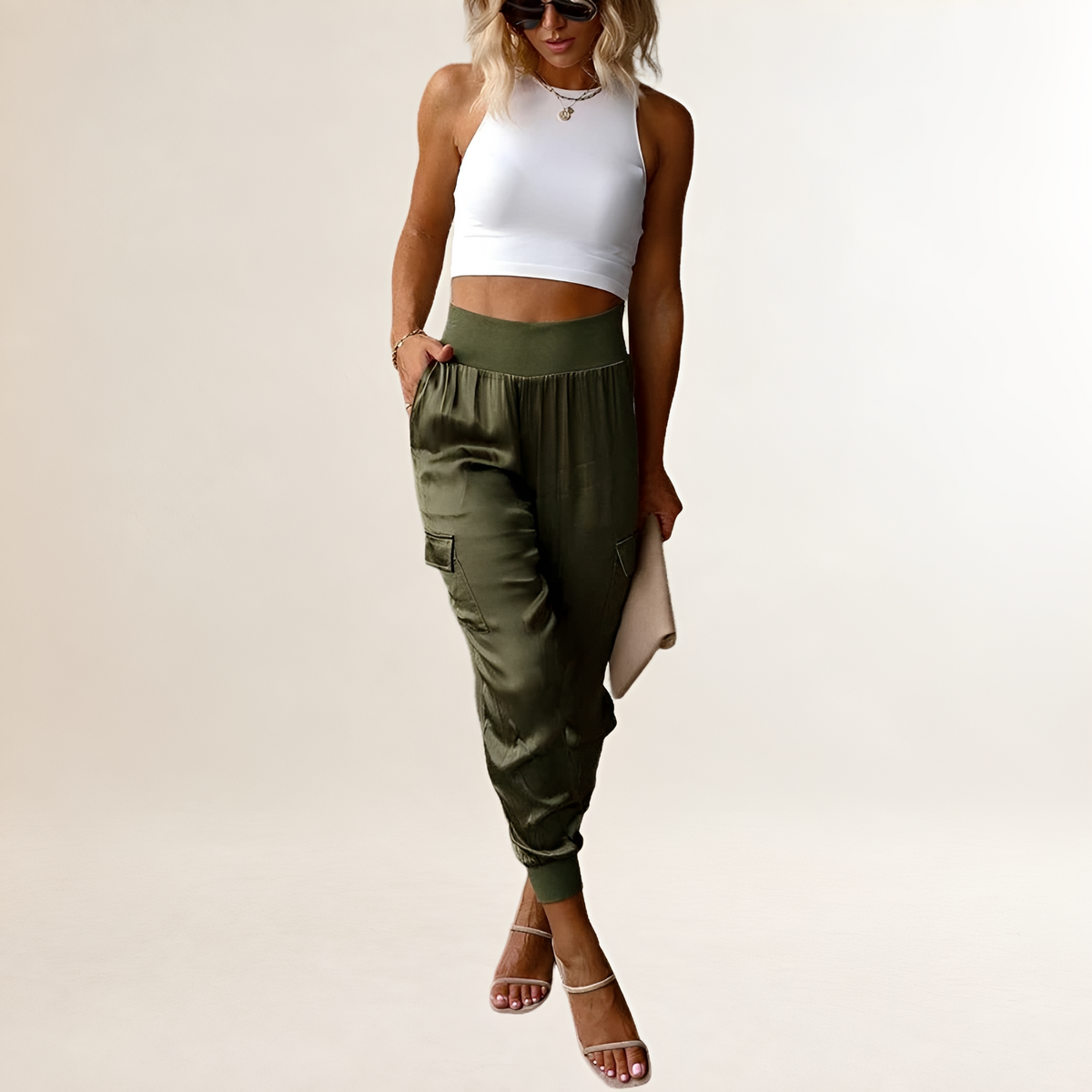Calças jogger cargo cintura alta para mulheres com bolsos laterais e punhos elásticos