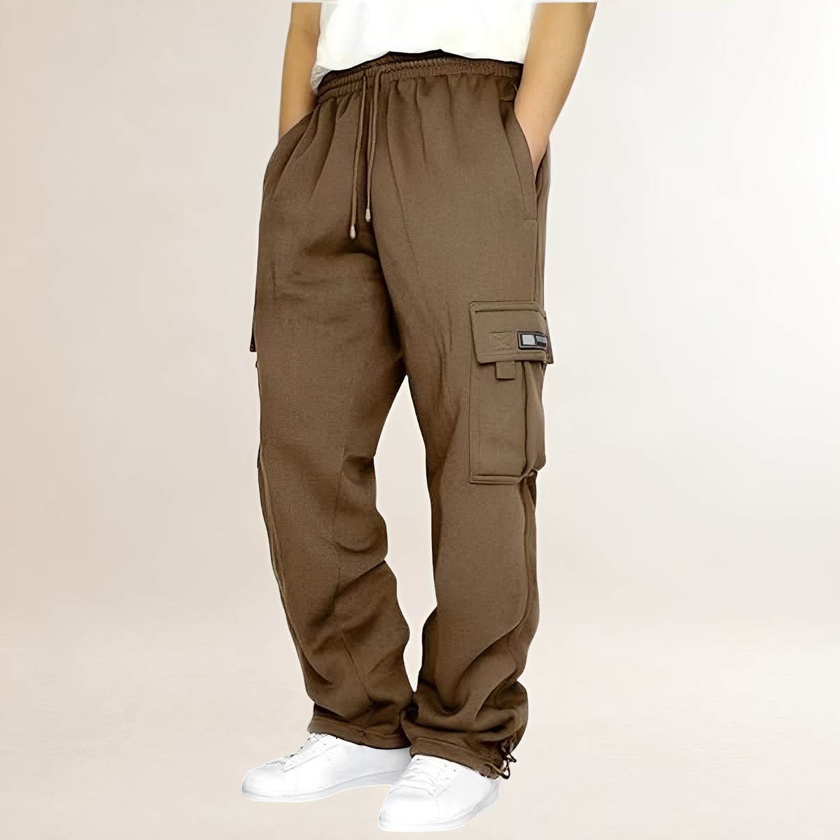 Calças jogger cargo masculinas com cinto elástico, bolsos cargo na coxa e ajuste amplo