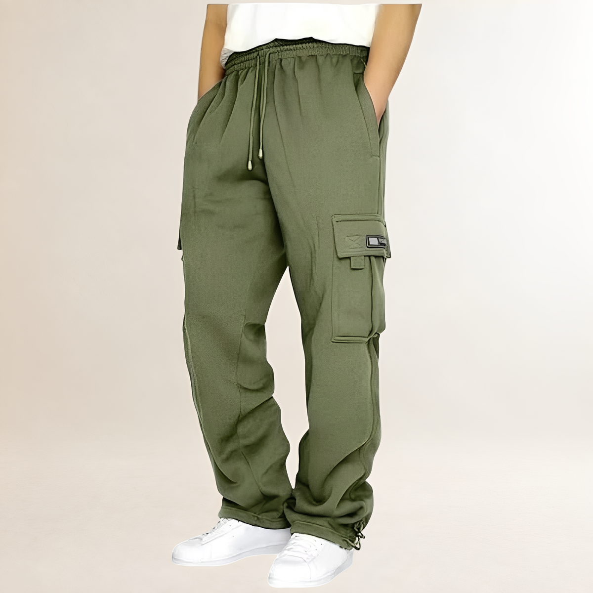 Calças jogger cargo masculinas com cinto elástico, bolsos cargo na coxa e ajuste amplo