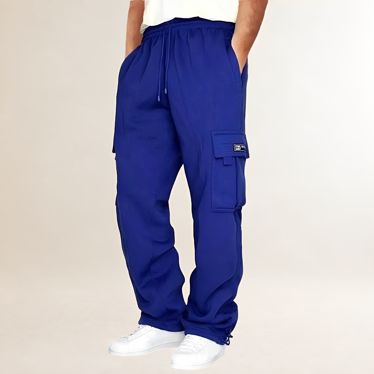 Calças jogger cargo masculinas com cinto elástico, bolsos cargo na coxa e ajuste amplo