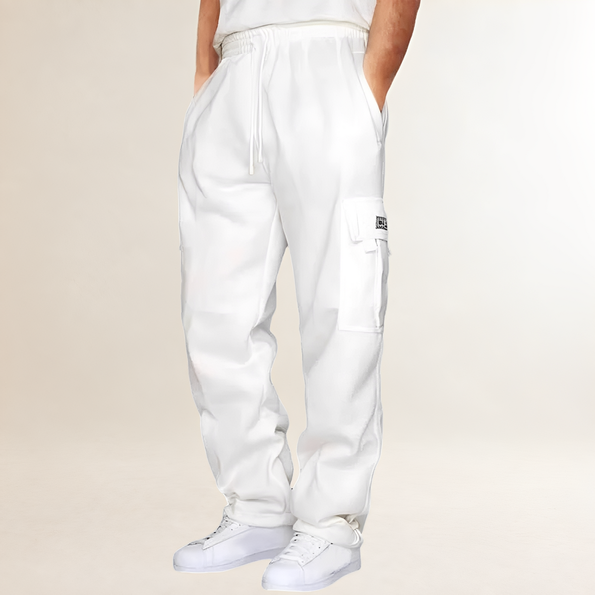 Calças jogger cargo masculinas com cinto elástico, bolsos cargo na coxa e ajuste amplo