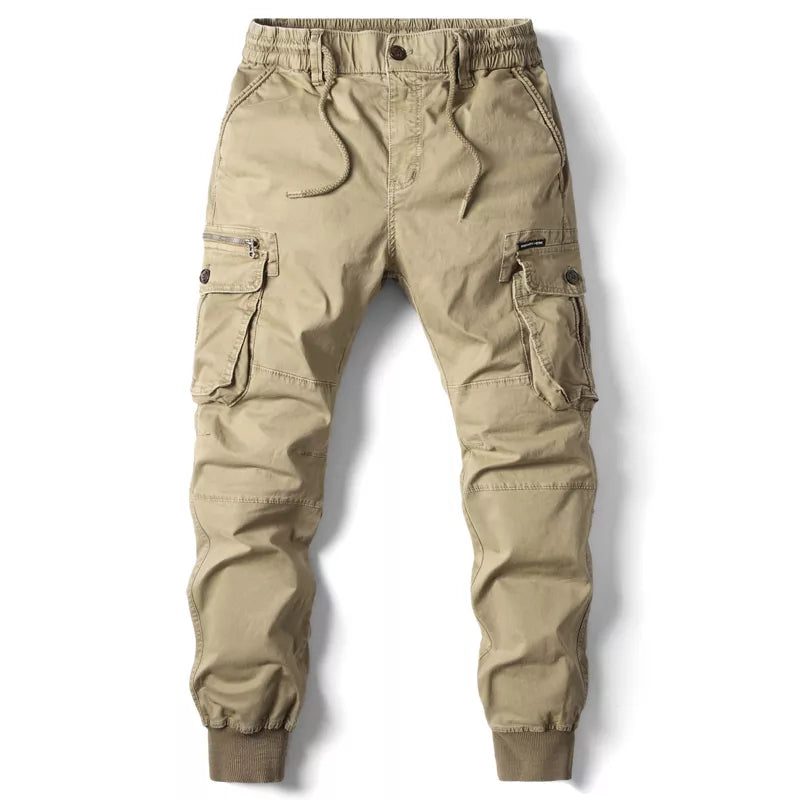 Calças jogger cargo masculinas com design tático e bolsos múltiplos - cintura elástica e punhos ajustáveis