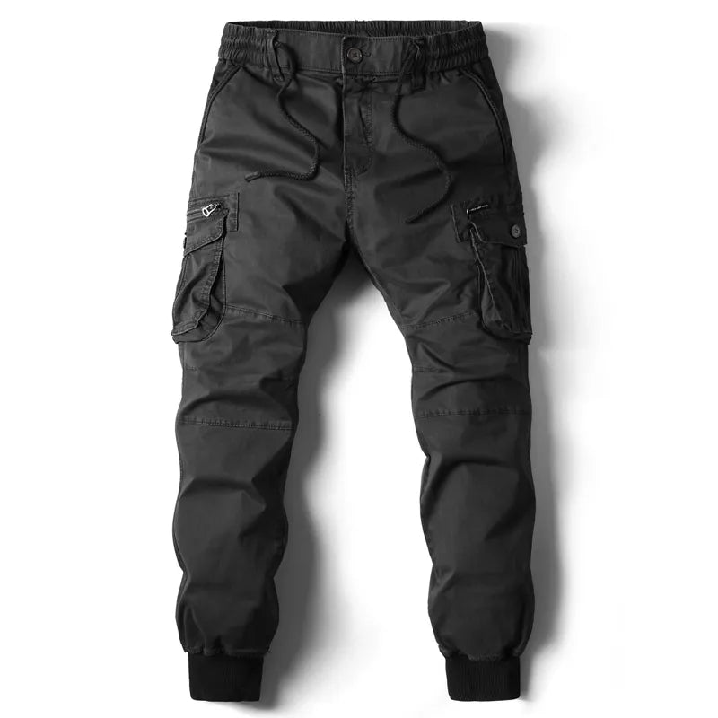 Calças jogger cargo masculinas com design tático e bolsos múltiplos - cintura elástica e punhos ajustáveis