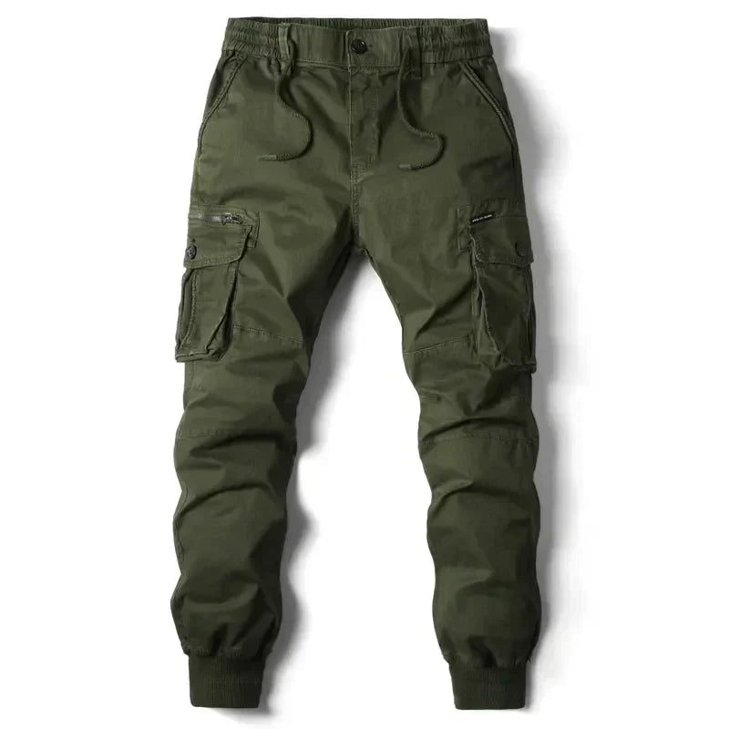 Calças jogger cargo masculinas com design tático e bolsos múltiplos - cintura elástica e punhos ajustáveis
