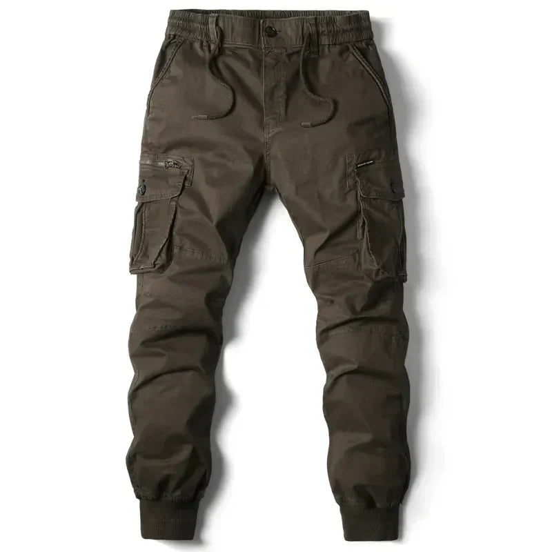 Calças jogger cargo masculinas com design tático e bolsos múltiplos - cintura elástica e punhos ajustáveis