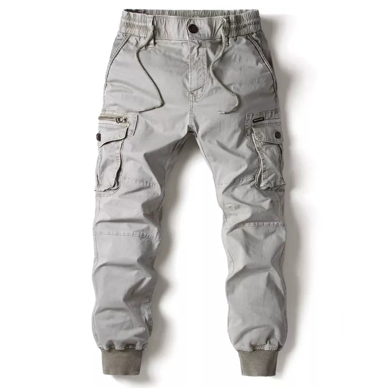 Calças jogger cargo masculinas com design tático e bolsos múltiplos - cintura elástica e punhos ajustáveis