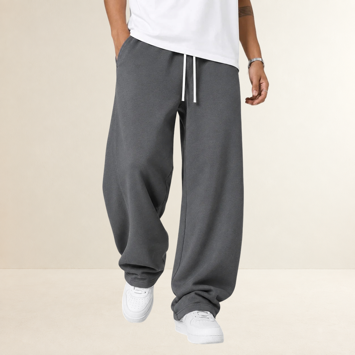 Calças jogger masculinas de perna larga com cós de cordão ajustável