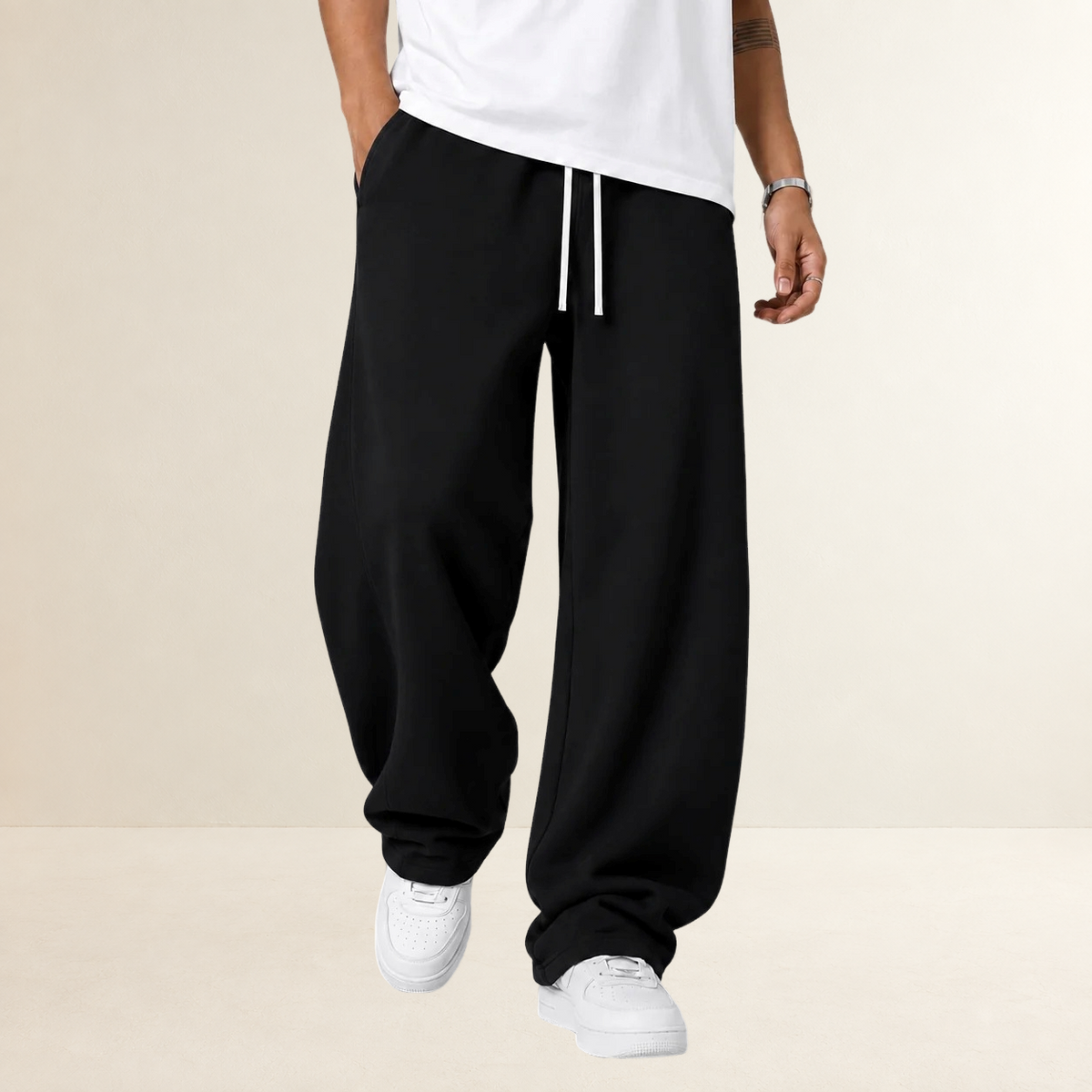 Calças jogger masculinas de perna larga com cós de cordão ajustável