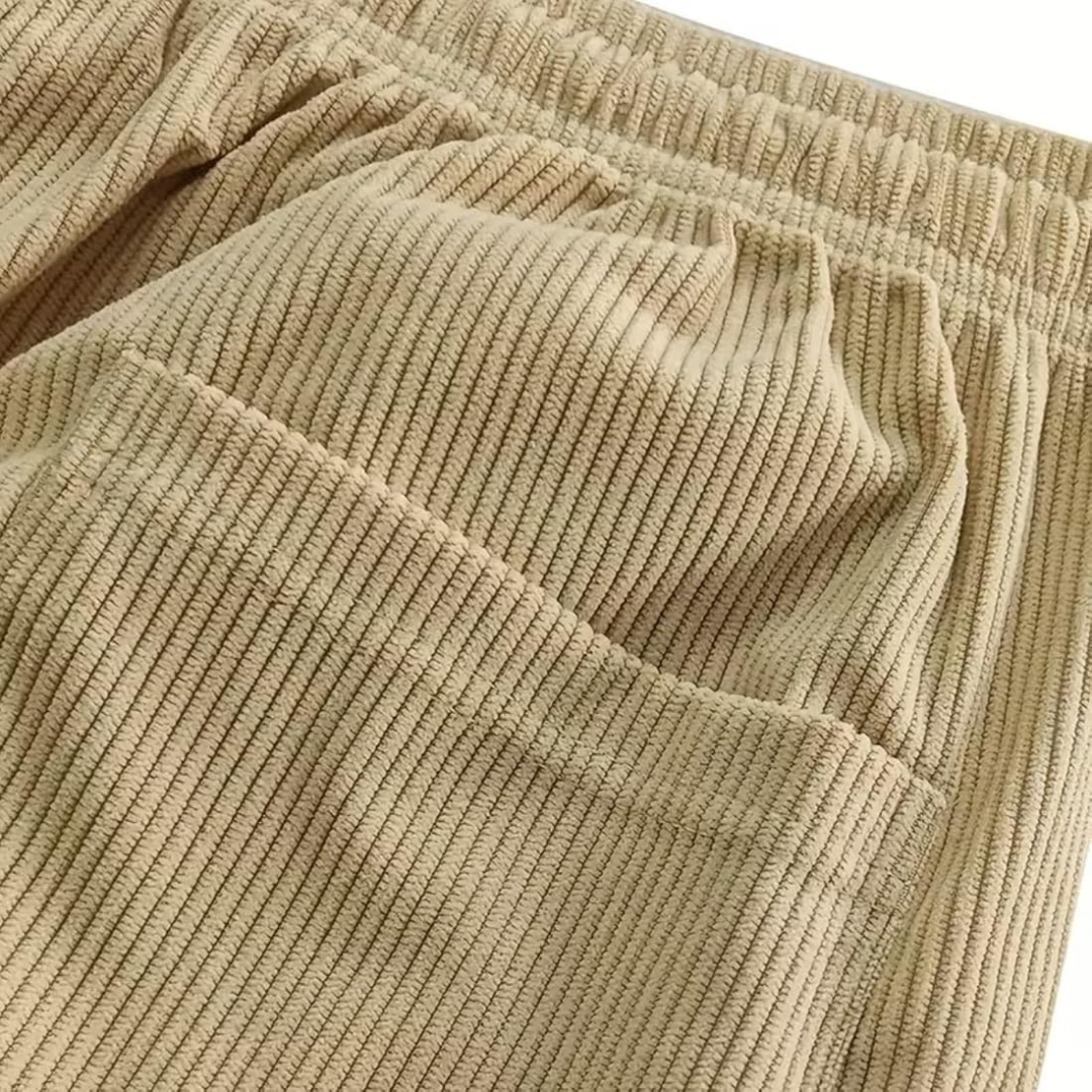 Calças masculinas com cintura com cordão ajustável, corte reto relaxado e bolsos laterais
