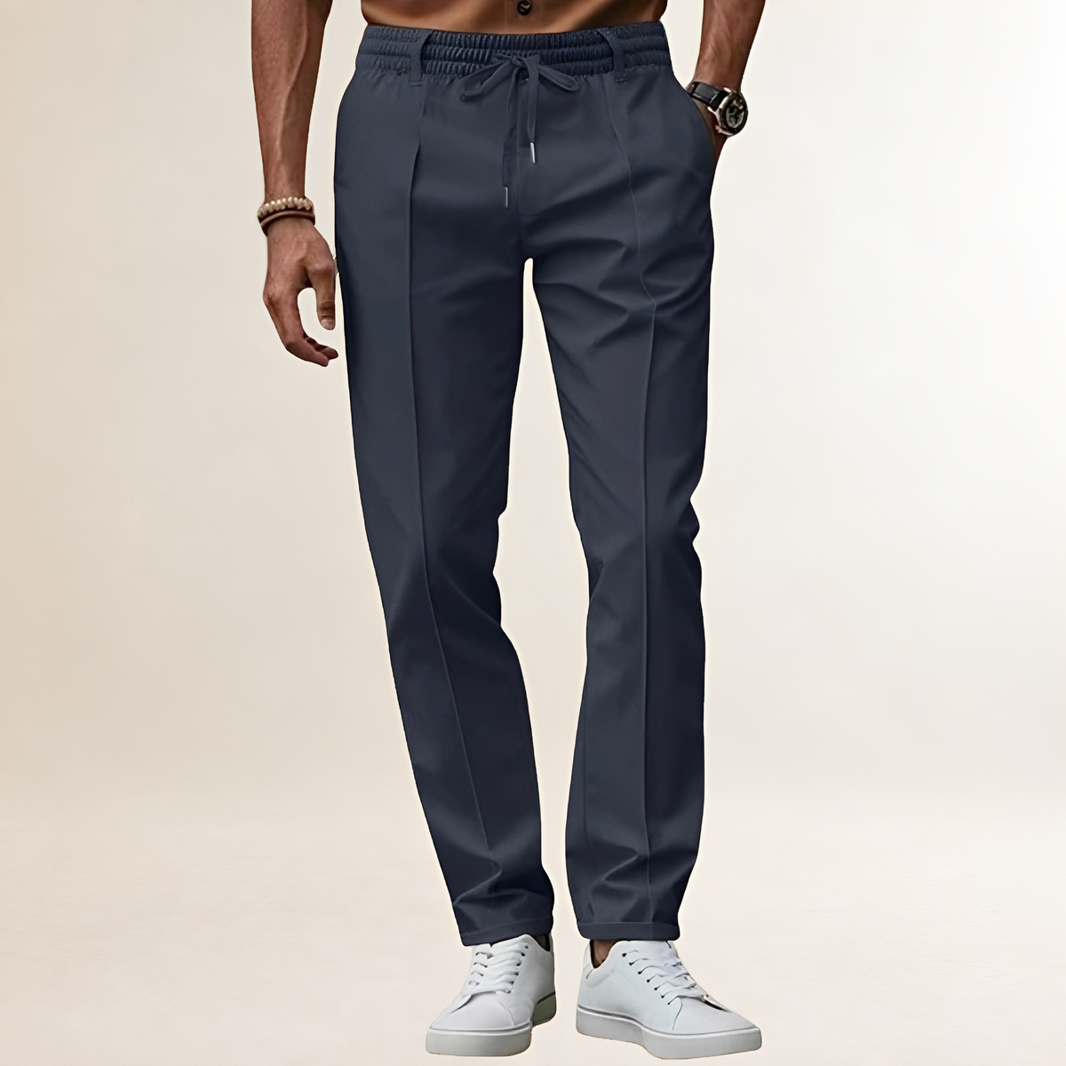 Calças masculinas com cintura elástica, cordão ajustável e linha de prega