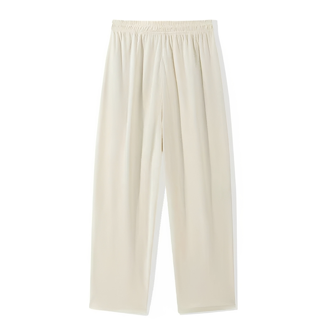 Calças masculinas com cordão e pala externa - corte reto relaxado, textura ribada, bolsos laterais e traseiro