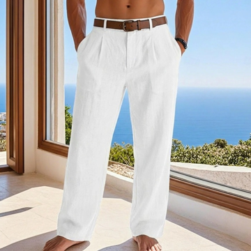 Calças masculinas com pregas, corte reto - cintura com passadores e bolsos laterais