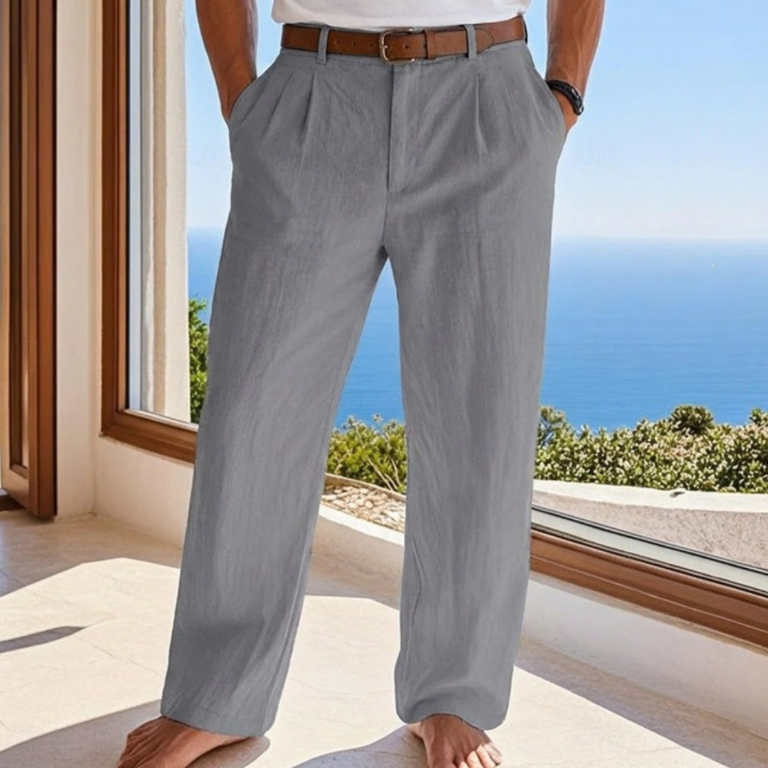 Calças masculinas com pregas, corte reto - cintura com passadores e bolsos laterais
