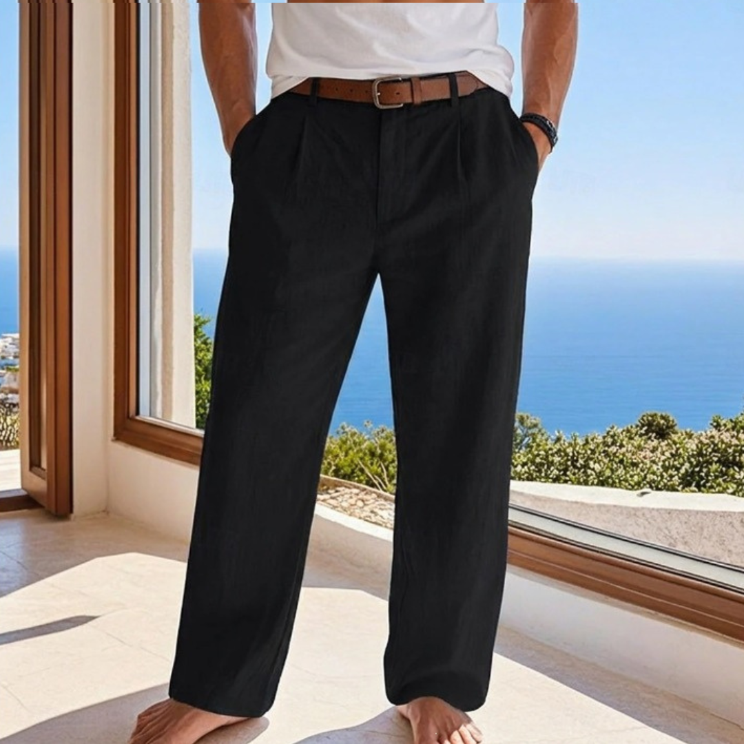Calças masculinas com pregas, corte reto - cintura com passadores e bolsos laterais