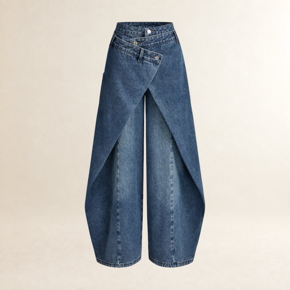 Calças wide-leg para mulheres com design cruzado na frente, cintura alta e comprimento até tornozelos