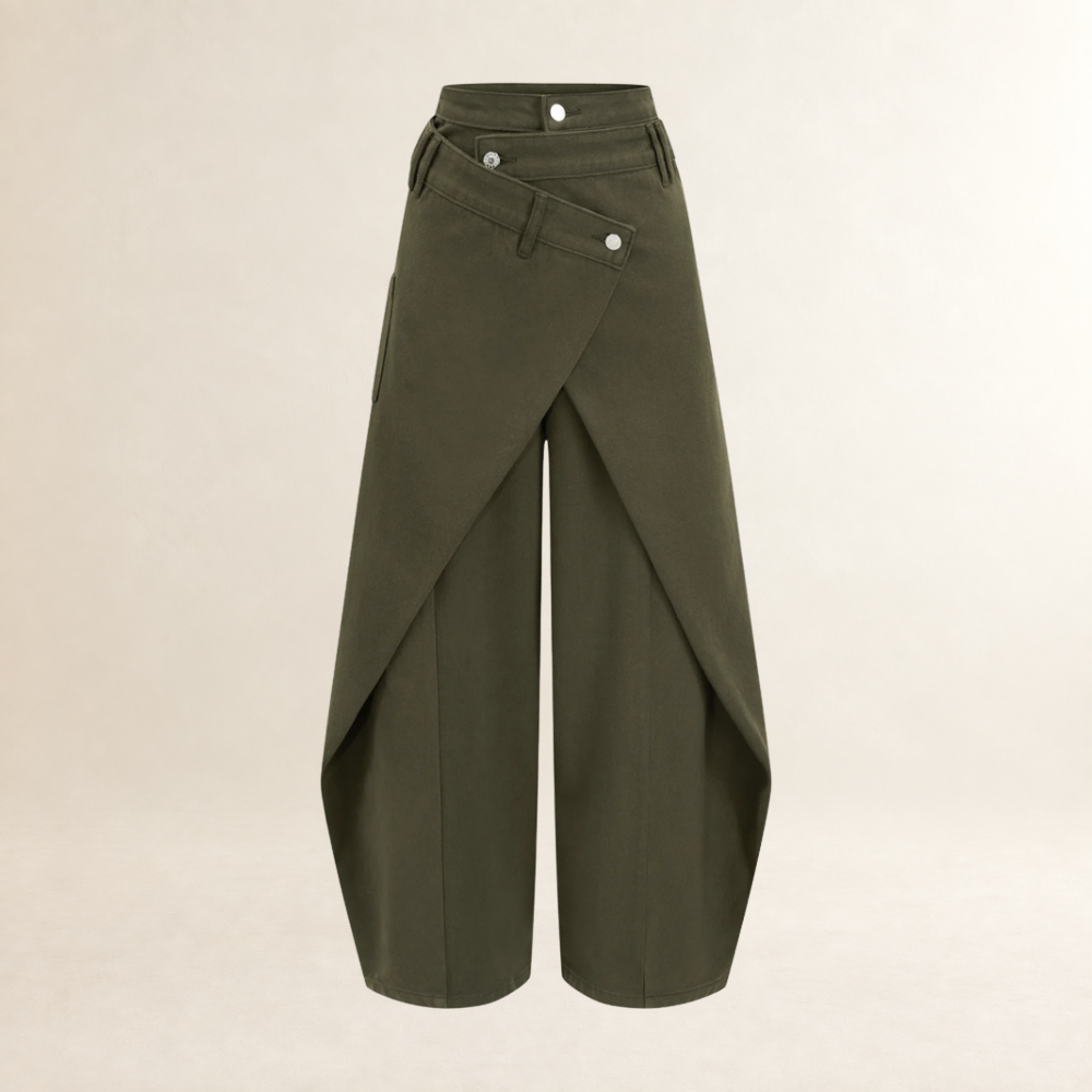 Calças wide-leg para mulheres com design cruzado na frente, cintura alta e comprimento até tornozelos