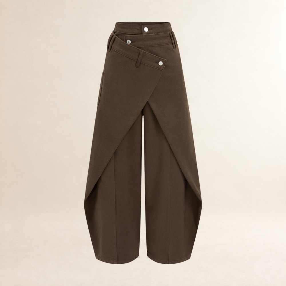 Calças wide-leg para mulheres com design cruzado na frente, cintura alta e comprimento até tornozelos
