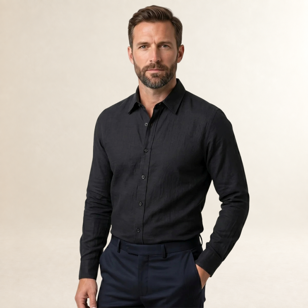 Camisa casual masculina de botões de manga longa e caimento ajustado