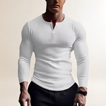 Camisa de manga longa masculina Henley slim fit com gola redonda e botões