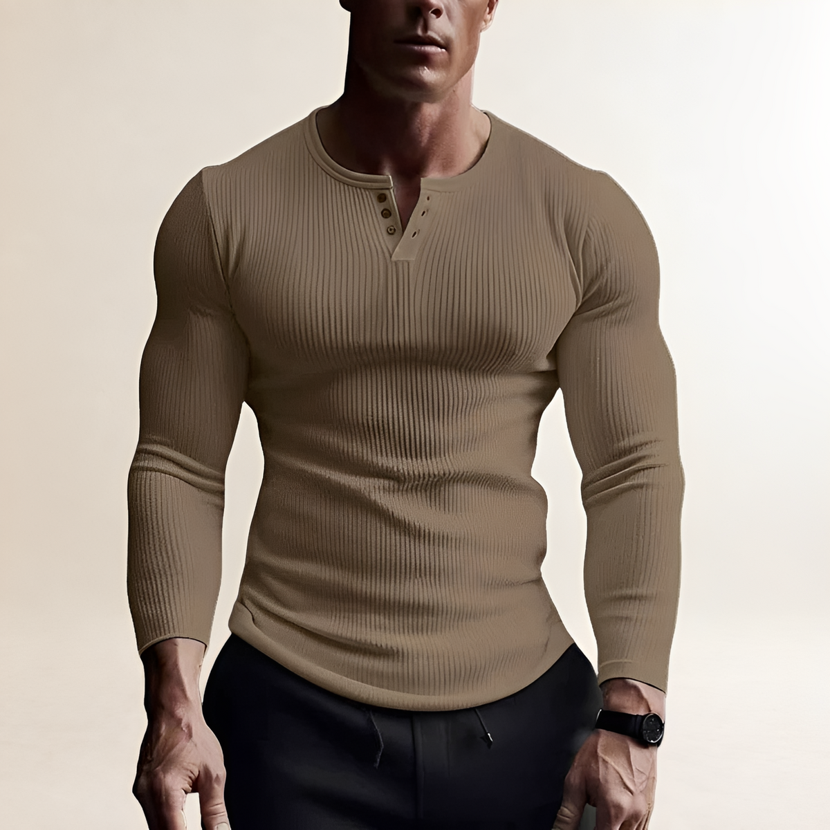 Camisa de manga longa masculina Henley slim fit com gola redonda e botões