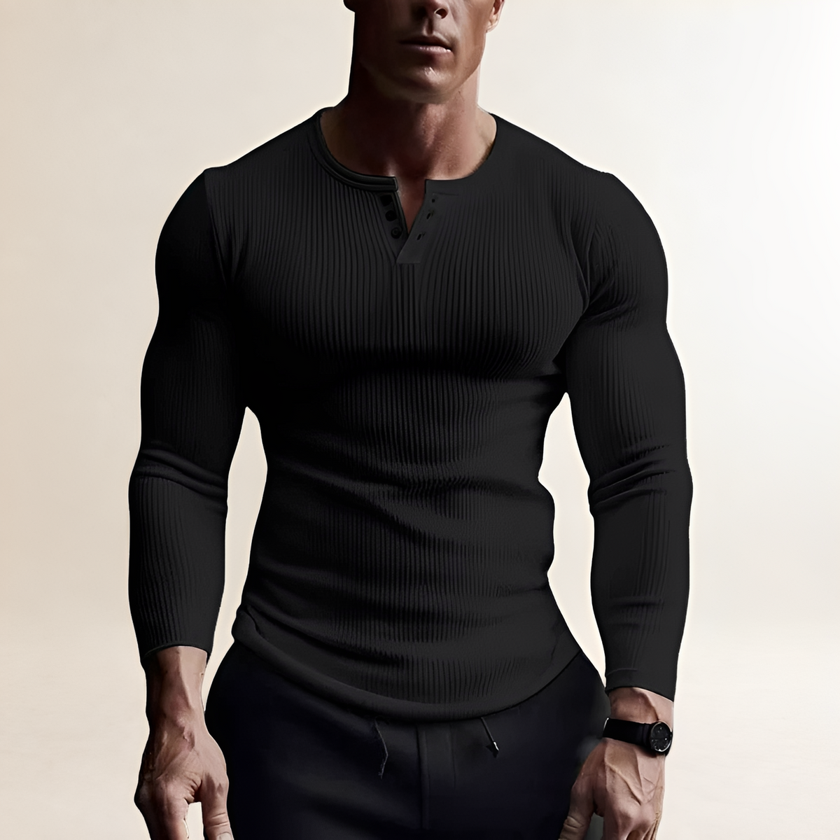 Camisa de manga longa masculina Henley slim fit com gola redonda e botões