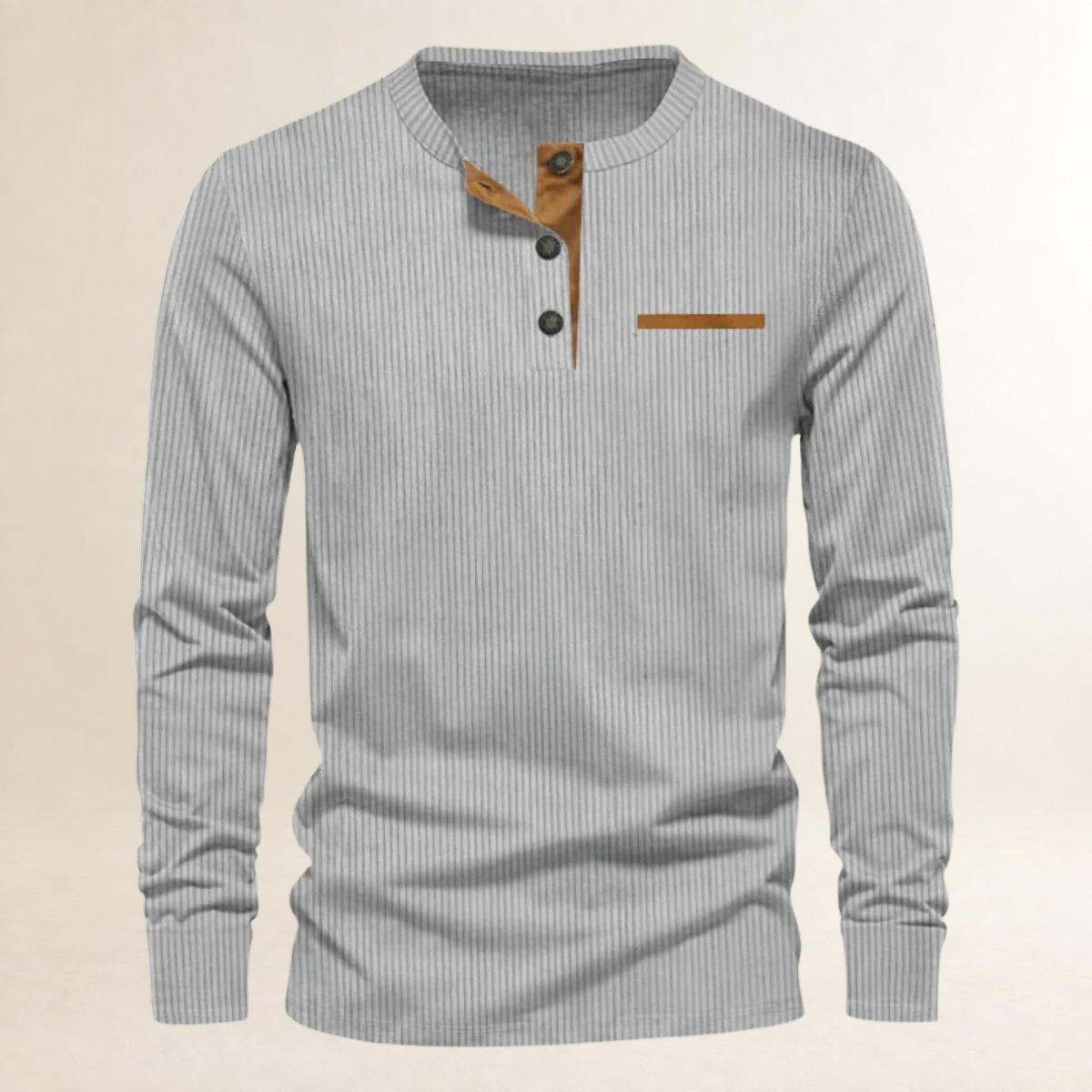 Camisa Henley de Manga Longa Masculina com Gola Redonda e Fechamento de Botões - Ajuste Sob Medida