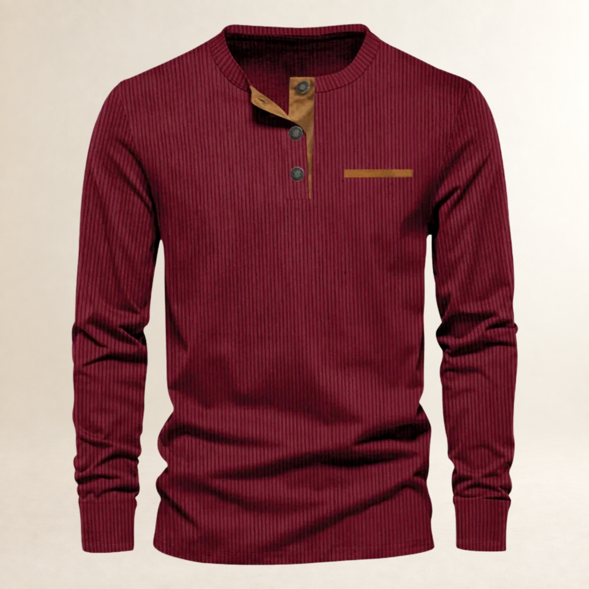 Camisa Henley de Manga Longa Masculina com Gola Redonda e Fechamento de Botões - Ajuste Sob Medida