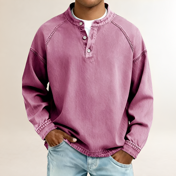 Camisa Henley Masculina de Manga Longa com Gola Banda e Mangas Raglan - Abertura de 3 Botões, Caimento Relaxado, Lavagem Vintage