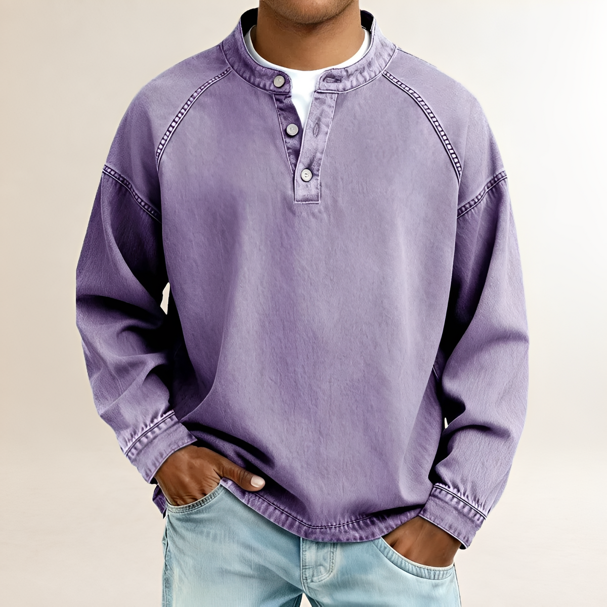 Camisa Henley Masculina de Manga Longa com Gola Banda e Mangas Raglan - Abertura de 3 Botões, Caimento Relaxado, Lavagem Vintage