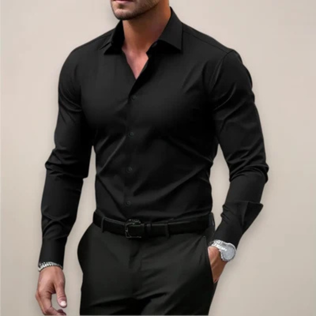 Camisa masculina ajuste slim manga longa com fechamento por botões e colarinho de ponta