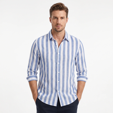 Camisa masculina de listras verticais com manga longa e abotoadura frontal — corte relaxado, colarinho amplo