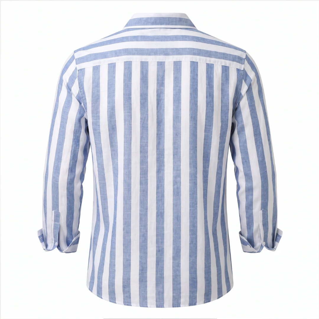 Camisa masculina de listras verticais com manga longa e abotoadura frontal — corte relaxado, colarinho amplo