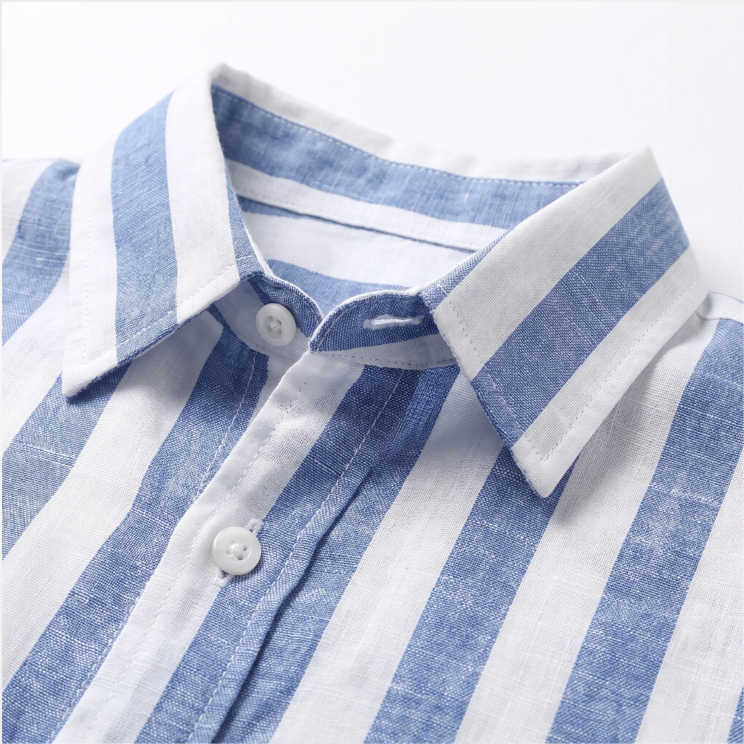 Camisa masculina de listras verticais com manga longa e abotoadura frontal — corte relaxado, colarinho amplo