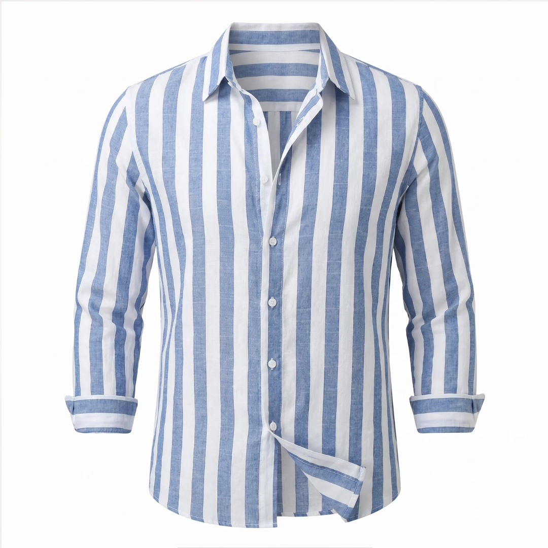Camisa masculina de listras verticais com manga longa e abotoadura frontal — corte relaxado, colarinho amplo