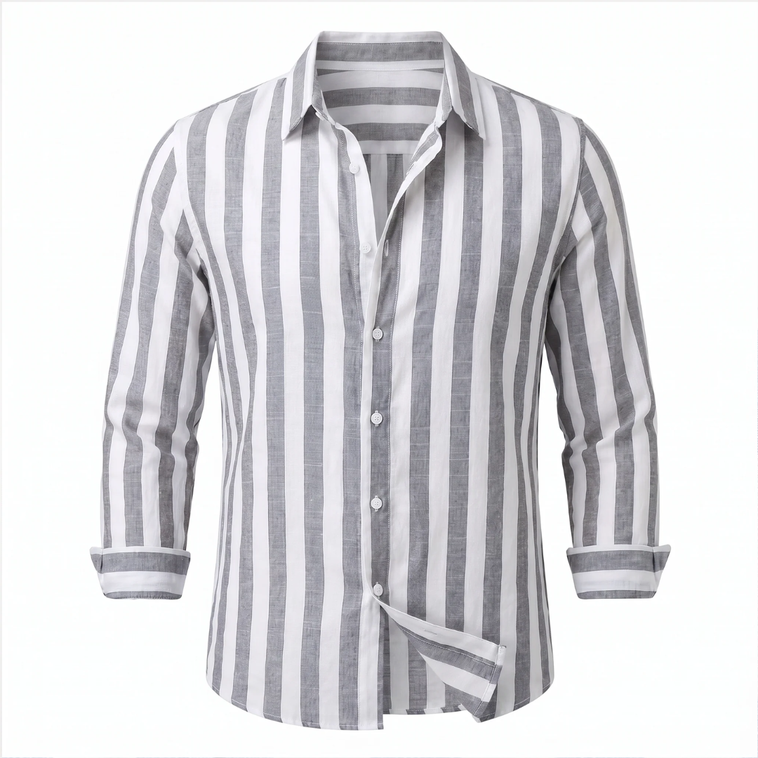 Camisa masculina de listras verticais com manga longa e abotoadura frontal — corte relaxado, colarinho amplo