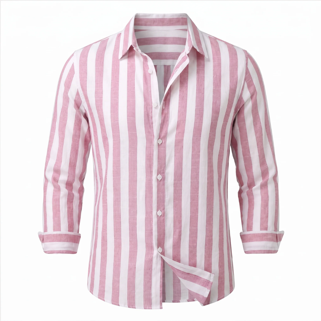 Camisa masculina de listras verticais com manga longa e abotoadura frontal — corte relaxado, colarinho amplo