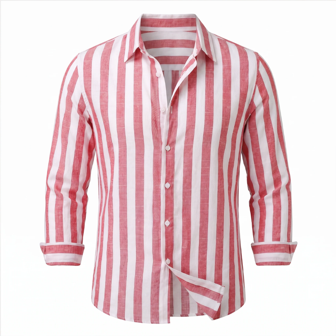 Camisa masculina de listras verticais com manga longa e abotoadura frontal — corte relaxado, colarinho amplo