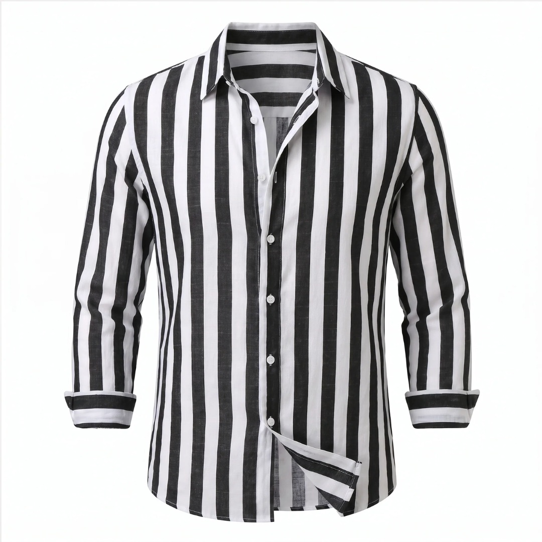 Camisa masculina de listras verticais com manga longa e abotoadura frontal — corte relaxado, colarinho amplo