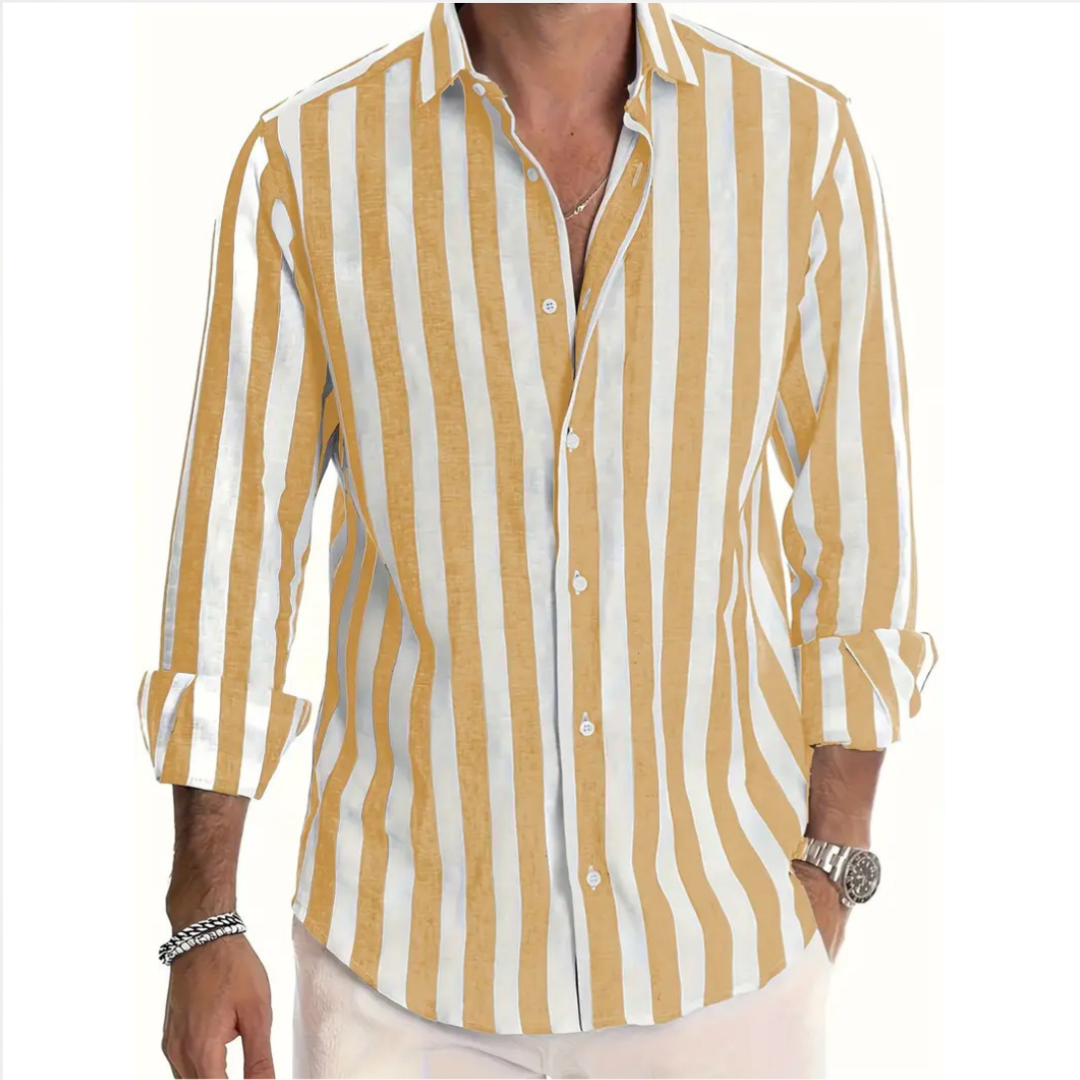 Camisa masculina de listras verticais com manga longa e abotoadura frontal — corte relaxado, colarinho amplo