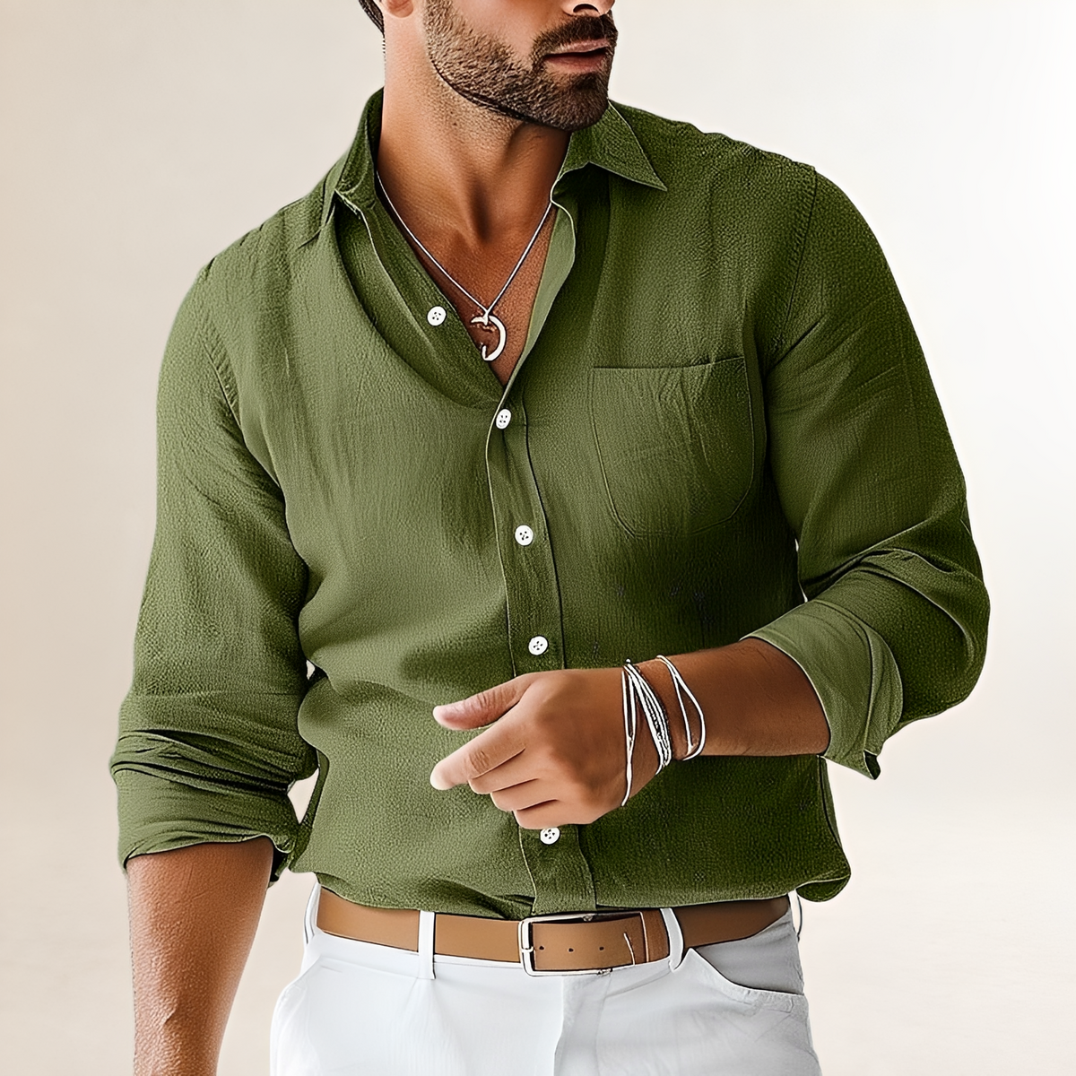 Camisa masculina de manga longa casual com bolso no peito - corte regular
