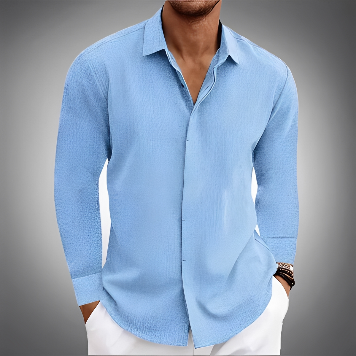 Camisa masculina de Manga Longa com Colar Pontinha e Placa Oculta - Silhueta Relaxada
