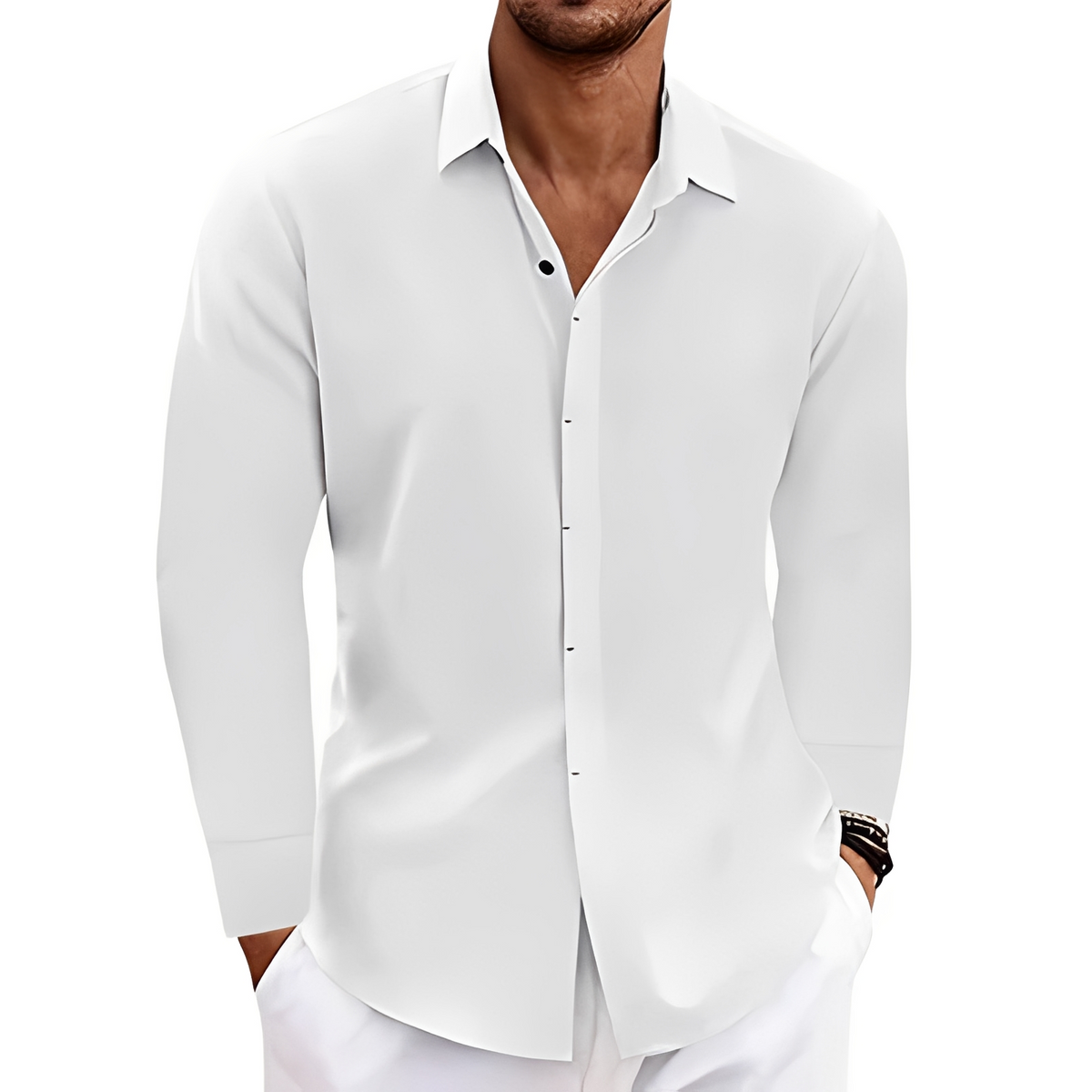 Camisa masculina de Manga Longa com Colar Pontinha e Placa Oculta - Silhueta Relaxada