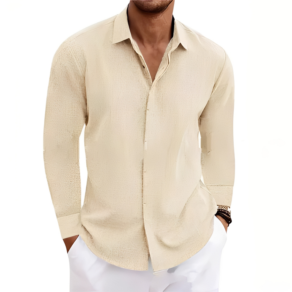 Camisa masculina de Manga Longa com Colar Pontinha e Placa Oculta - Silhueta Relaxada