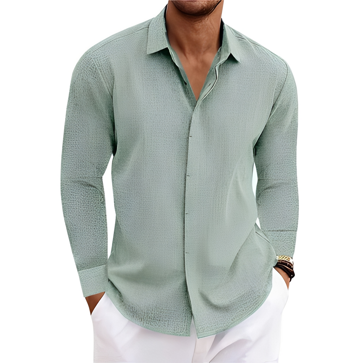 Camisa masculina de Manga Longa com Colar Pontinha e Placa Oculta - Silhueta Relaxada