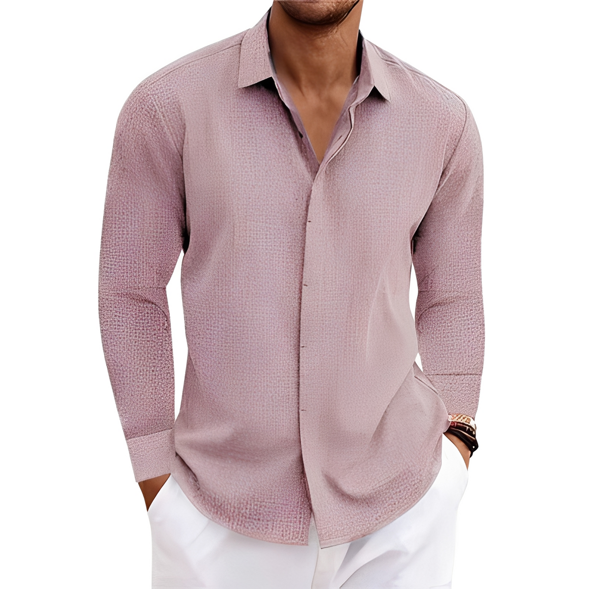 Camisa masculina de Manga Longa com Colar Pontinha e Placa Oculta - Silhueta Relaxada
