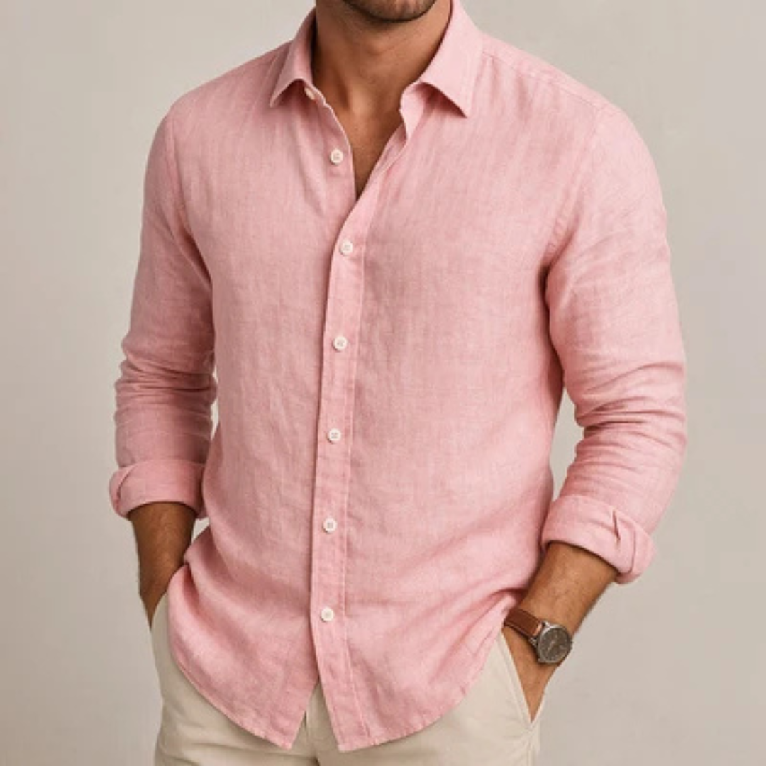 Camisa masculina de manga longa com fechamento por botões - colarinho amplo, caimento regular, barra arredondada