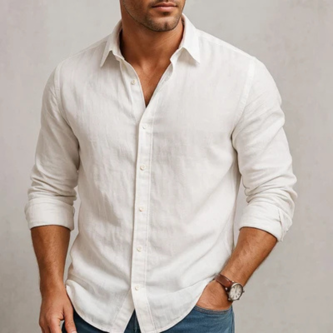 Camisa masculina de manga longa com fechamento por botões - colarinho amplo, caimento regular, barra arredondada