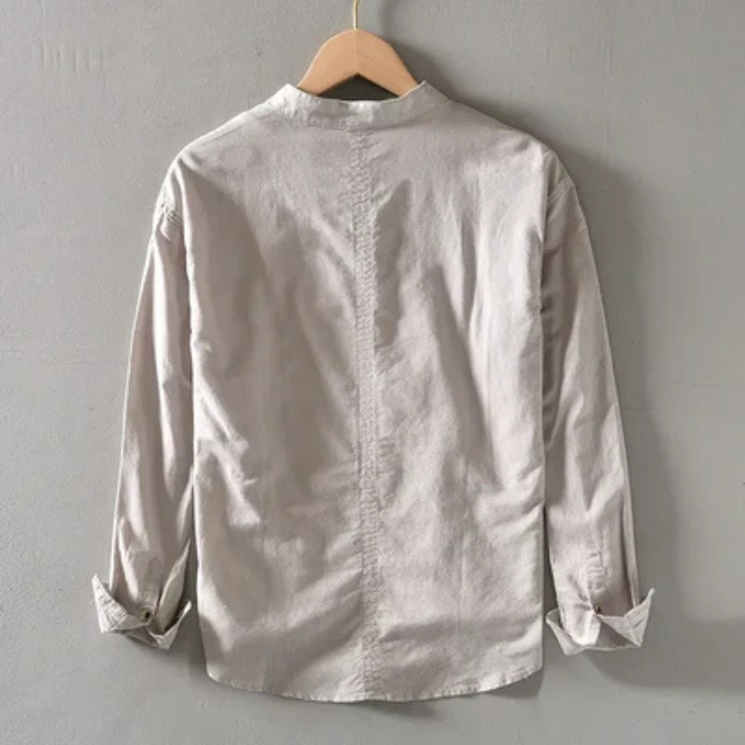 Camisa masculina de Manga Longa com Gola Band - ajuste Relaxado, 4 botões