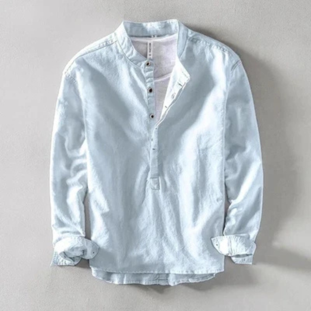 Camisa masculina de Manga Longa com Gola Band - ajuste Relaxado, 4 botões