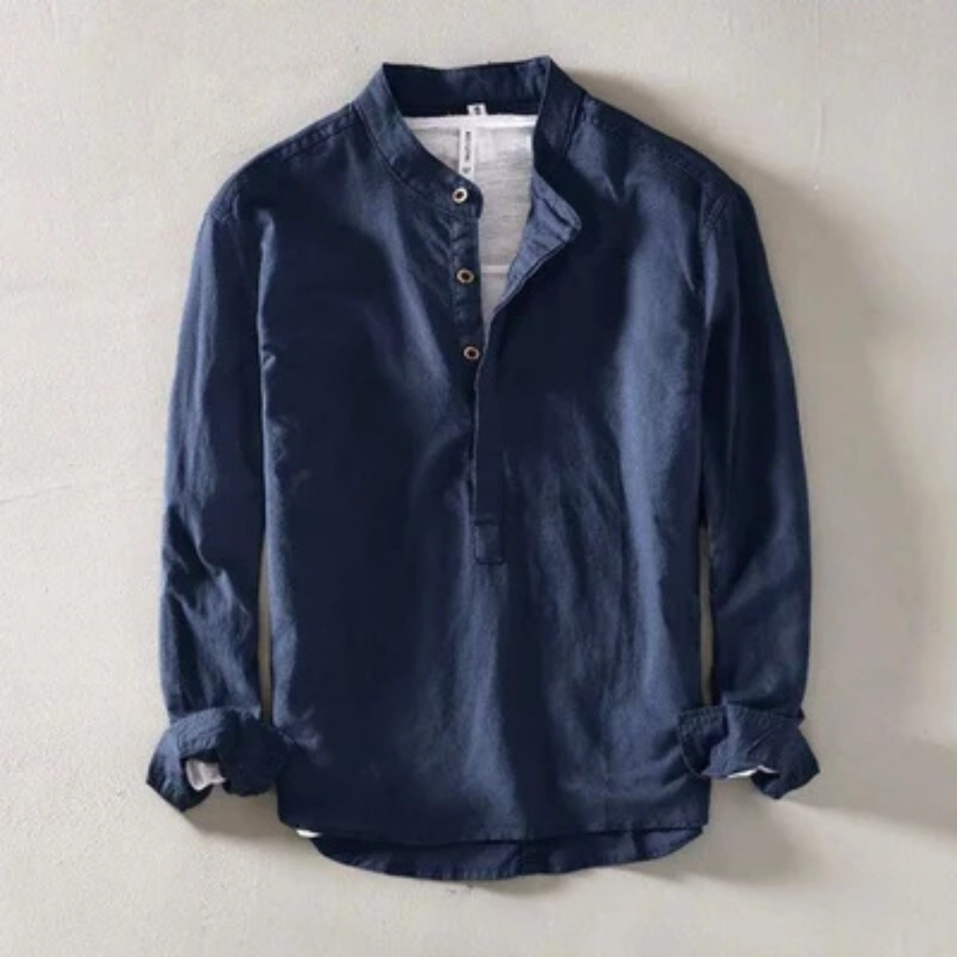 Camisa masculina de Manga Longa com Gola Band - ajuste Relaxado, 4 botões